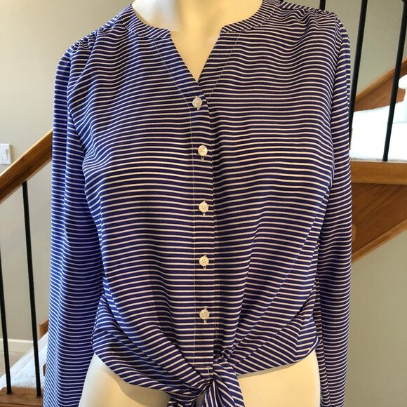 Talbots Lg Slv Button Down Striped Shirt w Waist Tie Purple + White Sz SP NWT - Picture 1 of 5